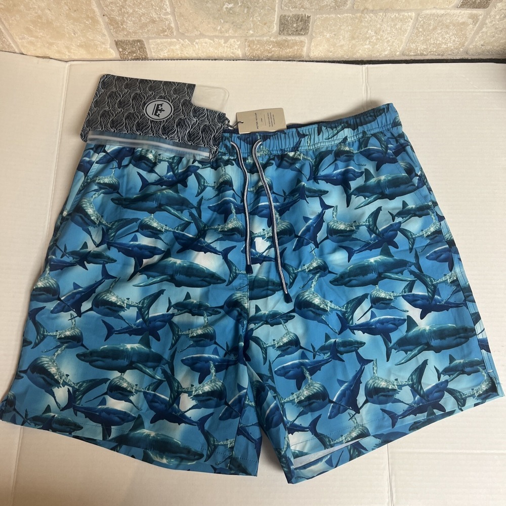 NWT PETER MILLAR Crown Tropical Trepidation Sharks Swim Trunks Blue Size XL
